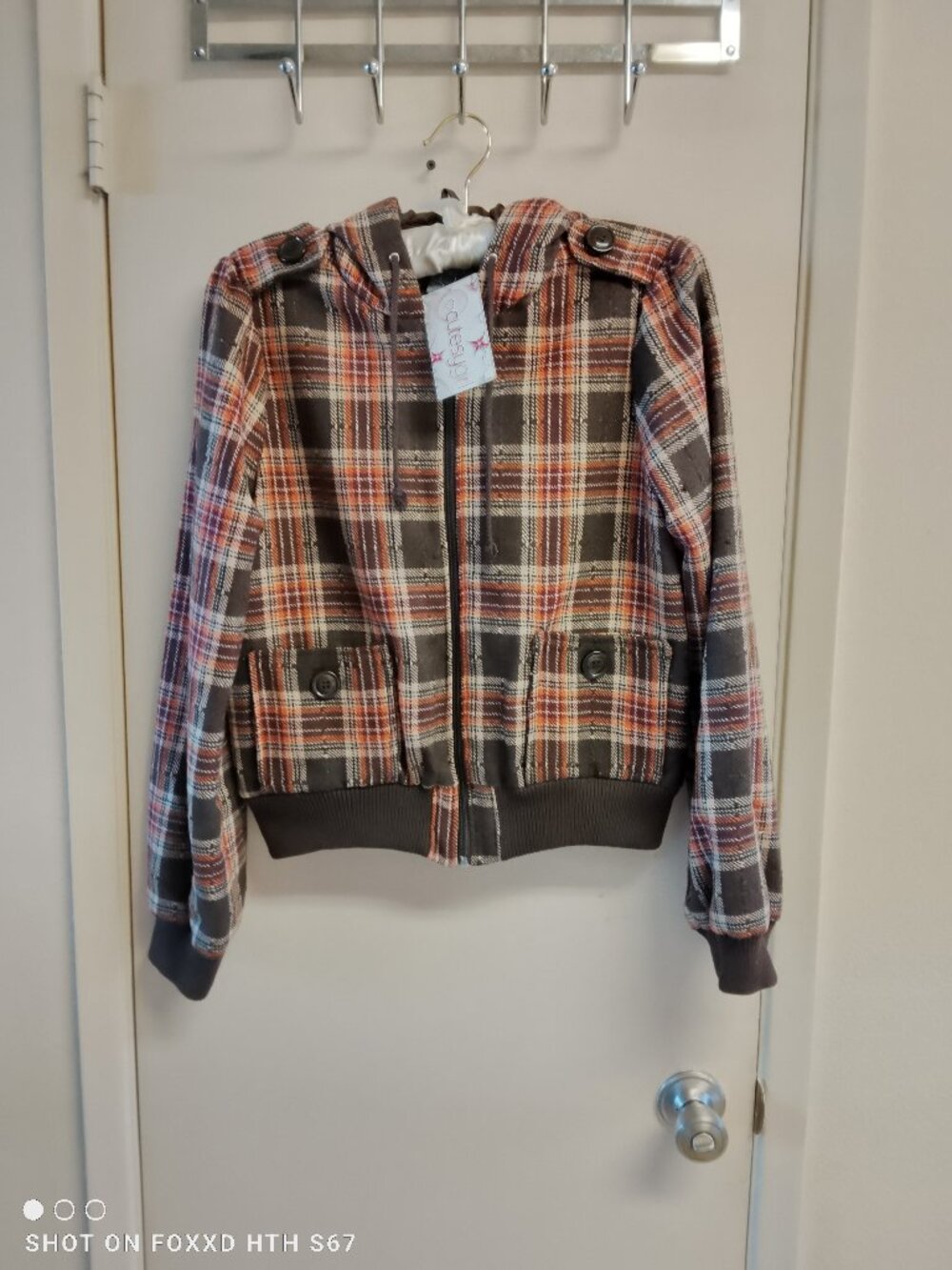Women's Jrs Cutesy Girl Poetry Brown Plaid Hooded Jacket Large
